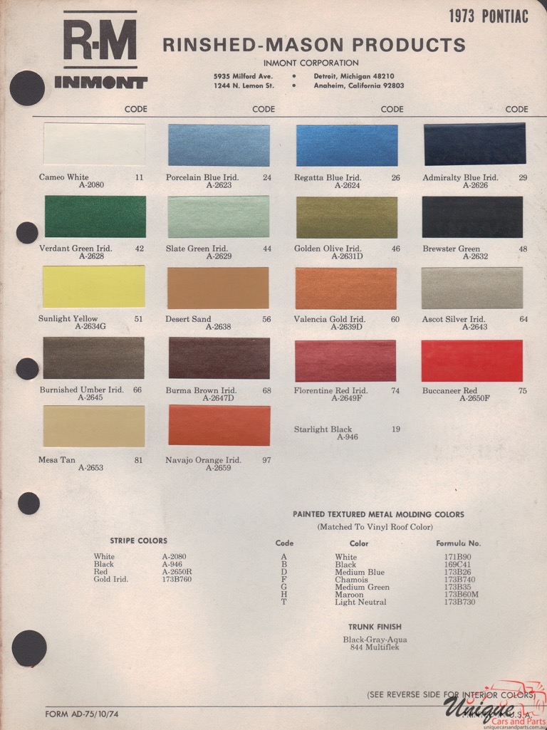 1973 Pontiac Paint Charts RM 1